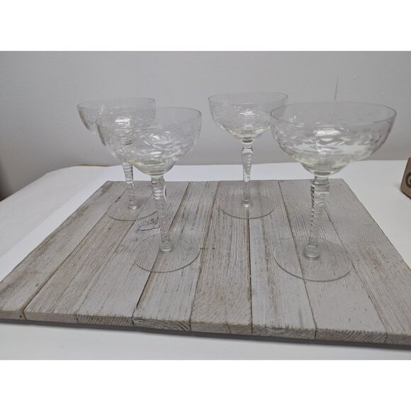 Set Of 4 Vintage Flower Etched Crystal Sherbet Champagne Glasses 5 7/8” Clear - Picture 1 of 8